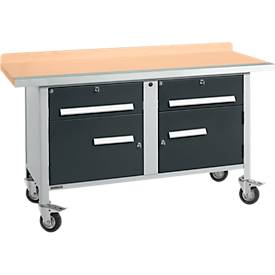 Mobile Werkbank Schäfer Shop Select PWi 150-0, Buche Multiplexplatte, mit Stahlkante, bis 400 kg, B 1500 x T 700 x H 840 mm