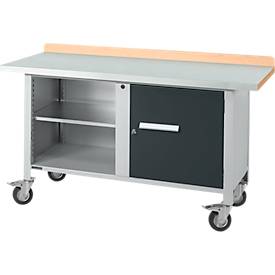 Mobile Werkbank Schäfer Shop Select PWi 150-1, Buche-Dekor Multiplexplatte, mit Stahlabdeckung, bis 400 kg, B 1500 x T 700 x H 840 mm