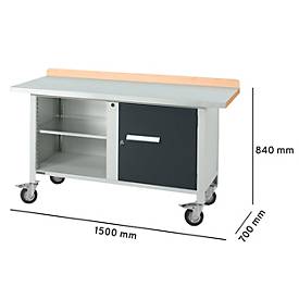 Mobile Werkbank Schäfer Shop Select PWi 150-1, Buche-Dekor Multiplexplatte, mit Stahlabdeckung, bis 400 kg, B 1500 x T 700 x H 840 mm