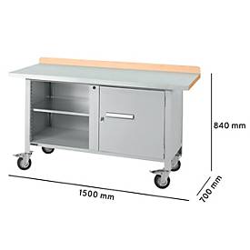 Mobile Werkbank Schäfer Shop Select PWi 150-1, Buche-Dekor Multiplexplatte, mit Stahlabdeckung, bis 400 kg, B 1500 x T 700 x H 840 mm