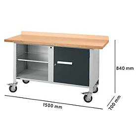 Mobile Werkbank Schäfer Shop Select PWi 150-1, Buche Multiplexplatte, bis 400 kg, B 1500 x T 700 x H 840 mm