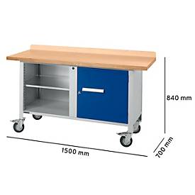 Mobile Werkbank Schäfer Shop Select PWi 150-1, Buche Multiplexplatte, bis 400 kg, B 1500 x T 700 x H 840 mm