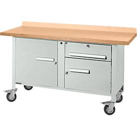Mobile Werkbank Schäfer Shop Select PWi 150-3, Buche-Dekor Multiplexplatte, bis 400 kg, B 1500 x T 700 x H 840 mm