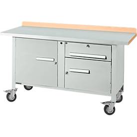 Mobile Werkbank Schäfer Shop Select PWi 150-3, Buche-Dekor Multiplexplatte, mit Stahlabdeckung, bis 400 kg, B 1500 x T 700 x H 840 mm