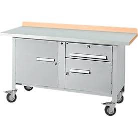 Mobile Werkbank Schäfer Shop Select PWi 150-3, Buche-Dekor Multiplexplatte, mit Stahlabdeckung, bis 400 kg, B 1500 x T 700 x H 840 mm