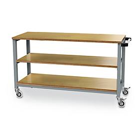 Mobiler Arbeitstisch Bedrunka+Hirth, Buche-Multiplex-Arbeitsplatten, 1 Fachboden, Schiebegriff, bis 400 kg, B 1200 x T 540 x H 880 mm, Stahlblech