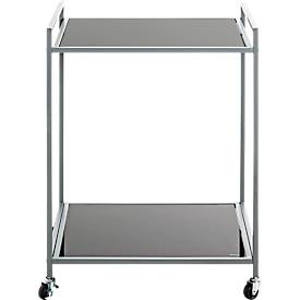 Mobiler Beistelltisch HAKU, 2 Ablagen mit jeweils bis zu 6 kg Tragkraft, B 500 x T 360 x H 690 mm, Stahl/ESG-Sicherheitsglas, grau/schwarz