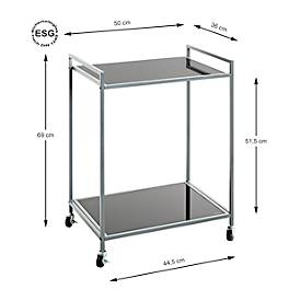 Mobiler Beistelltisch HAKU, 2 Ablagen mit jeweils bis zu 6 kg Tragkraft, B 500 x T 360 x H 690 mm, Stahl/ESG-Sicherheitsglas, grau/schwarz