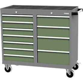Mobiler Schubladenschrank Bedrunka+Hirth, 11 Schübe, Schiebegriff, abschließbar, bis 500 kg, B 1060 x T 500 x H 1000 mm, Stahlblech