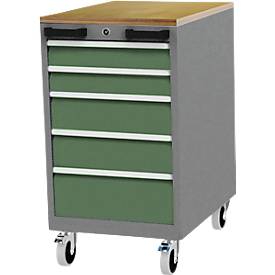Mobiler Schubladenschrank Bedrunka+Hirth, Buche-Multiplex-Arbeitsplatte, 5 Schübe, Schiebegriffe, abschließbar, bis 500 kg, B 555 x T 736 x H 990 mm