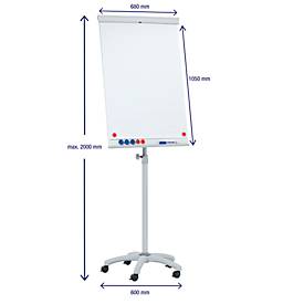 Mobiles Flipchart Franken X-tra!Line, höhenverstellbar, Schnellwechselhalterung, Ablageschale, magnethaftende Tafel mit B 680 x H 1050 mm, 5 Laufrollen