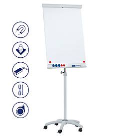 Mobiles Flipchart Franken X-tra!Line, höhenverstellbar, Schnellwechselhalterung, Ablageschale, magnethaftende Tafel mit B 680 x H 1050 mm, 5 Laufrollen