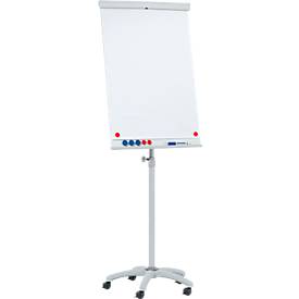 Mobiles Flipchart Franken X-tra!Line, höhenverstellbar, Schnellwechselhalterung, Ablageschale, magnethaftende Tafel mit B 680 x H 1050 mm, 5 Laufrollen