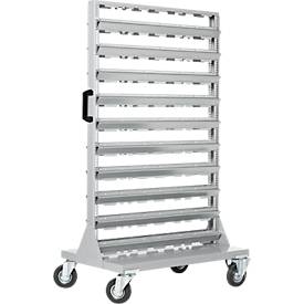 Mobiles Kleinteilemagazin, 2-seitig bestückbar, ohne Sichtlagerkästen, B 825 x T 550 x H 1450 mm, Stahl, grau