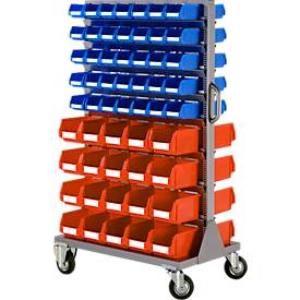 Mobiles Kleinteilemagazin Schäfer Shop Select, 2-seitig bestückbar, inkl. 40 Sichtlagerkästen SSI Schäfer LF 221 & 70 Sichtlagerkästen SSI Schäfer LF 211, B 825 x T 550 x H 1450 mm, Stahl, grau