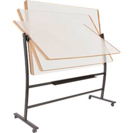 Mobiles Whiteboard Rocada Natural, drehbar, magnethaftend, Ablageschale, Stahl auf Holz, B 1500 x H 1000 mm