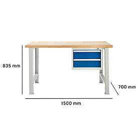 Modulare Werkbank Schäfer Shop Select, Grundeinheit, Buche Multiplexplatte, bis 500 kg, B 1500 x T 700 x H 840 mm, Enzianblau ral 5010