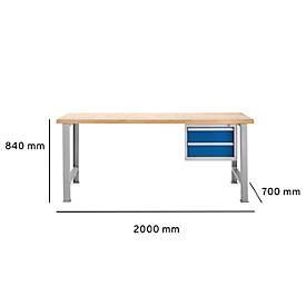 Modulare Werkbank Schäfer Shop Select, Grundeinheit, Buche Multiplexplatte, bis 500 kg, B 2000 x T 700 x H 840 mm, Enzianblau ral 5010