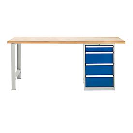 Modulare Werkbank Schäfer Shop Select, Grundeinheit, Buche Multiplexplatte, bis 500 kg, B 2000 x T 700 x H 840 mm, Lichtgrau ral 7035/Enzianblau ral 5010