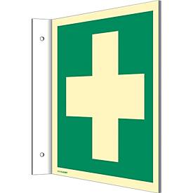 moedel Fahnenschild „Erste Hilfe“, EN ISO 7010, Leuchtklasse C, 160 mcd/m², bis 20 m, L 200 x B 200 mm, Kunststoff, grün