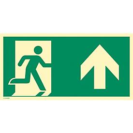 moedel Fluchtwegschild „Notausgang rechts Pfeil oben“, nach ISO 7010 E002, Aluminium 1,8 mm, langnachleuchtend, B 594 x H 297 mm