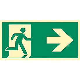 moedel Fluchtwegschild „Notausgang rechts Pfeil rechts“, nach ISO 7010 E002, Aluminium 1,8 mm, langnachleuchtend, B 594 x H 297 mm