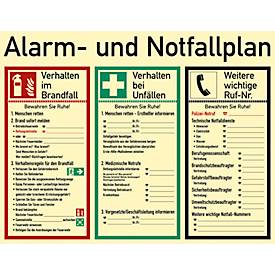 moedel Hinweisschild „Alarm- und Notfallplan“, 3-spaltig, EN ISO 7010, Leuchtklasse B, 52 mcd/m², L 480 x B 620 mm, Kunststoff, mehrfarbig