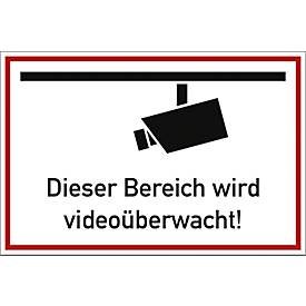 moedel Hinweisschild „Dieser Bereich wird videoüberwacht!“, L 200 x B 300 mm, Aluminium, rot-schwarz-weiß