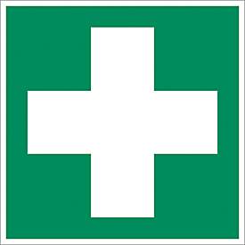 moedel Hinweisschild „Erste Hilfe“, EN ISO 7010, bis 20 m, L 200 x B 200 mm, selbstklebend, Folie, grün