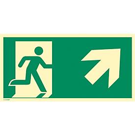 moedel Hinweisschild „Notausgang rechts schräg oben“, EN ISO 7010, Leuchtklasse C, 160 mcd/m², bis 14,8 m, selbstklebend, L 148 x B 297 mm, Folie, grün
