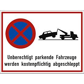 moedel Hinweisschild „Unberechtigt parkende Fahrzeuge werden kostenpflichtig abgeschleppt“, L 300 x B 400 mm, Aluminium, mehrfarbig
