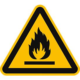 moedel Hinweisschild „Warnung vor feuergefährlichen Stoffen“, EN ISO 7010, bis 3 m, selbstleuchtend, selbstklebend, B 100 mm, Folie, gelb-schwarz