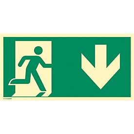 moedel Panneau de signalisation d'évacuation "Sortie de secours droite Flèche en bas", selon ISO 7010 E002, aluminium 0,6 mm, photoluminescent, L 297 x H 148 mm