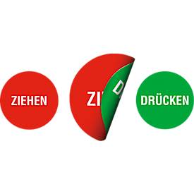 moedel Piktogramm-Aufkleber „Ziehen/Drücken“, doppelseitig bedruckt, selbstklebend, Ø 50 mm, Folie, rot-grün