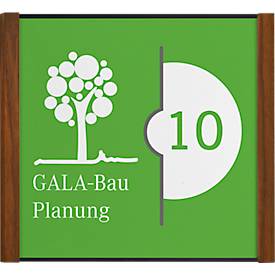 moedel Türschild LMH, Aluminium- und Holzrahmen, Holzart wählbar, Polyester-Abdeckung, Klebemontage, B 159,5 x H 150,5 mm, schwarz/Nussbaum