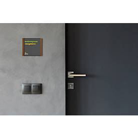 moedel Türschild LMH, Aluminium- und Holzrahmen, Holzart wählbar, Polyester-Abdeckung, Klebemontage, B 159,5 x H 150,5 mm, schwarz/Nussbaum