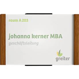 moedel Türschild LMH, DIN A6, Holz- und Aluminiumrahmen, individuell beschriftbar, Polyester-Abdeckung, Klebemontage, B 160 x H 103 mm, Eiche