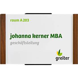 moedel Türschild LMH, DIN A6, Holz- und Aluminiumrahmen, individuell beschriftbar, Polyester-Abdeckung, Klebemontage, B 160 x H 103 mm, Nussbaum