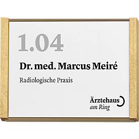 moedel Türschild LMH, DIN A6, individuell beschriftbar, Polyester-Abdeckung, Klebemontage, B 159,5 x H 105,5 mm, Aluminium, bronze/Ahorn