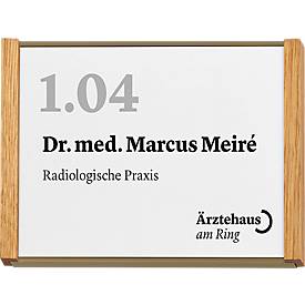 moedel Türschild LMH, DIN A6, individuell beschriftbar, Polyester-Abdeckung, Klebemontage, B 159,5 x H 105,5 mm, Aluminium, bronze/Eiche