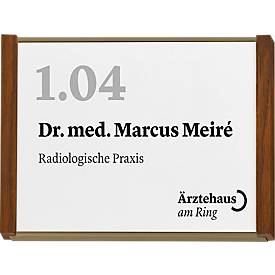 moedel Türschild LMH, DIN A6, individuell beschriftbar, Polyester-Abdeckung, Klebemontage, B 159,5 x H 105,5 mm, Aluminium, bronze/Nussbaum