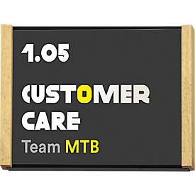 moedel Türschild LMH, DIN A6, individuell beschriftbar, Polyester-Abdeckung, Klebemontage, B 159,5 x H 105,5 mm, Aluminium, schwarz/Ahorn