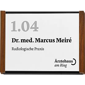 moedel Türschild LMH, DIN A6, individuell beschriftbar, Polyester-Abdeckung, Klebemontage, B 159,5 x H 105,5 mm, Aluminium, schwarz/Nussbaum