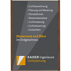 moedel Wandschild LMH, DIN A3, Hochformat, Holz- und Aluminiumrahmen, Klebe- oder Schraubmontage, B 308,5 x H 422,5 mm, bronze/Nussbaum