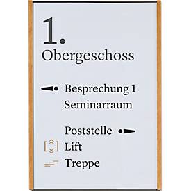 moedel Wandschild LMH, DIN A3, Hochformat, Holz- und Aluminiumrahmen, Klebe- oder Schraubmontage, B 308,5 x H 422,5 mm, schwarz/Eiche