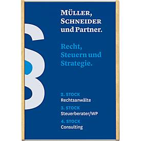 moedel Wandschild LMH, DIN A3, Hochformat, Holz- und Aluminiumrahmen, Klebe- oder Schraubmontage, B 308,5 x H 422,5 mm, silber/Ahorn