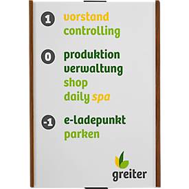 moedel Wandschild LMH, DIN A3, Hochformat, Holzrahmen mit Kappen, Klebe- oder Schraubmontage, B 309 x H 420 mm, silber/Nussbaum