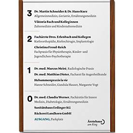 moedel Wandschild LMH, DIN A4, Hochformat, Holzrahmen, Aluminium, Klebe- oder Schraubmontage, B 221,5 x H 299,5 mm, Nussbaum, silber/Nussbaum