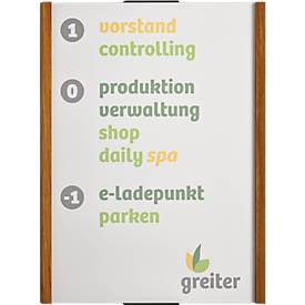 moedel Wandschild LMH, DIN A4, Hochformat, Holzrahmen mit Kappen, Klebe- oder Schraubmontage, B 222 x H 297 mm, silber/Eiche