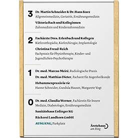 moedel Wandschild LMH DIN A4, Hochformat, individuell beschriftbar, Klebe- oder Schraubmontage, B 221,5 x H 299,5 mm, silber/Ahorn